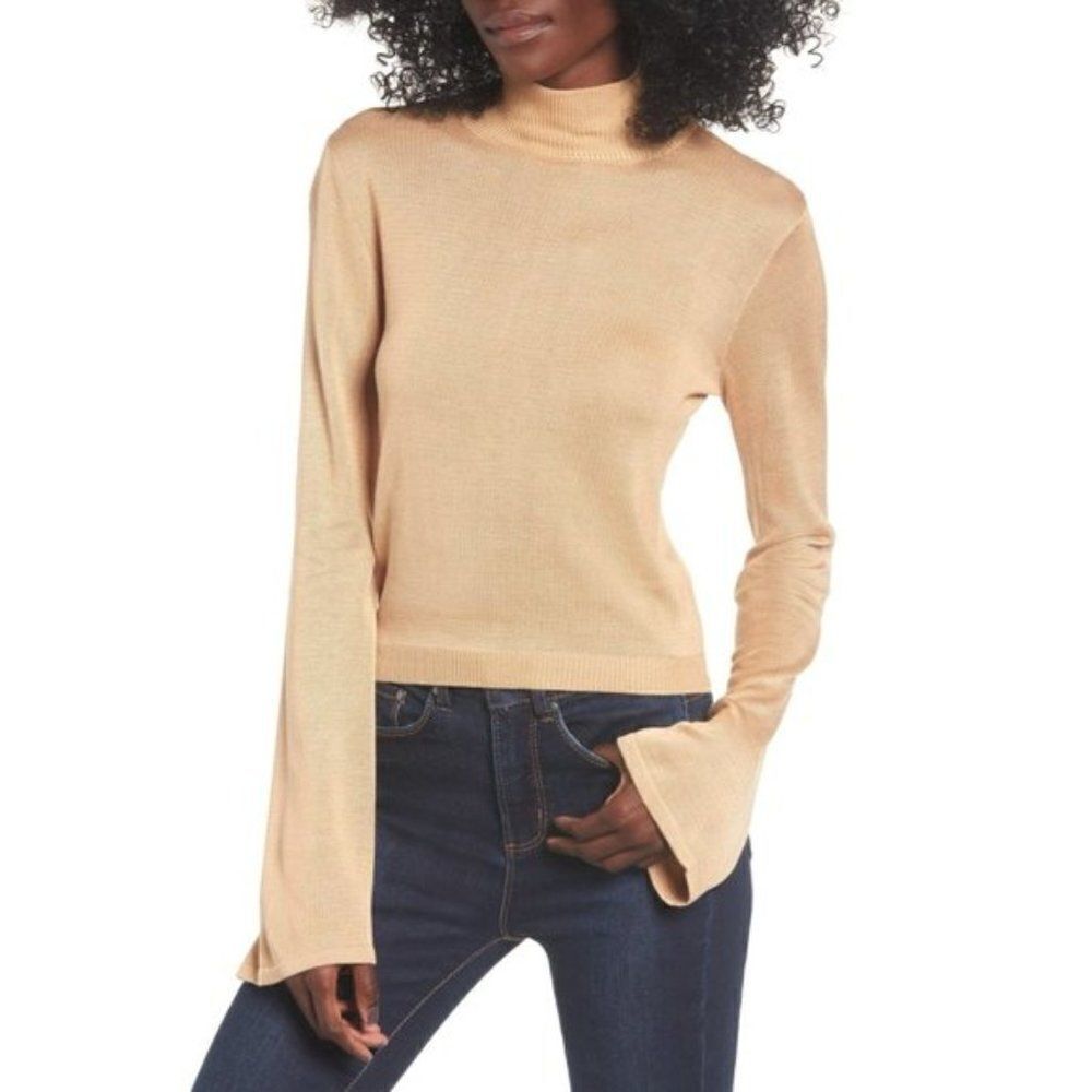 Madison & Berkeley | Mock Neck Flare Sleeve Sweater - Tan.